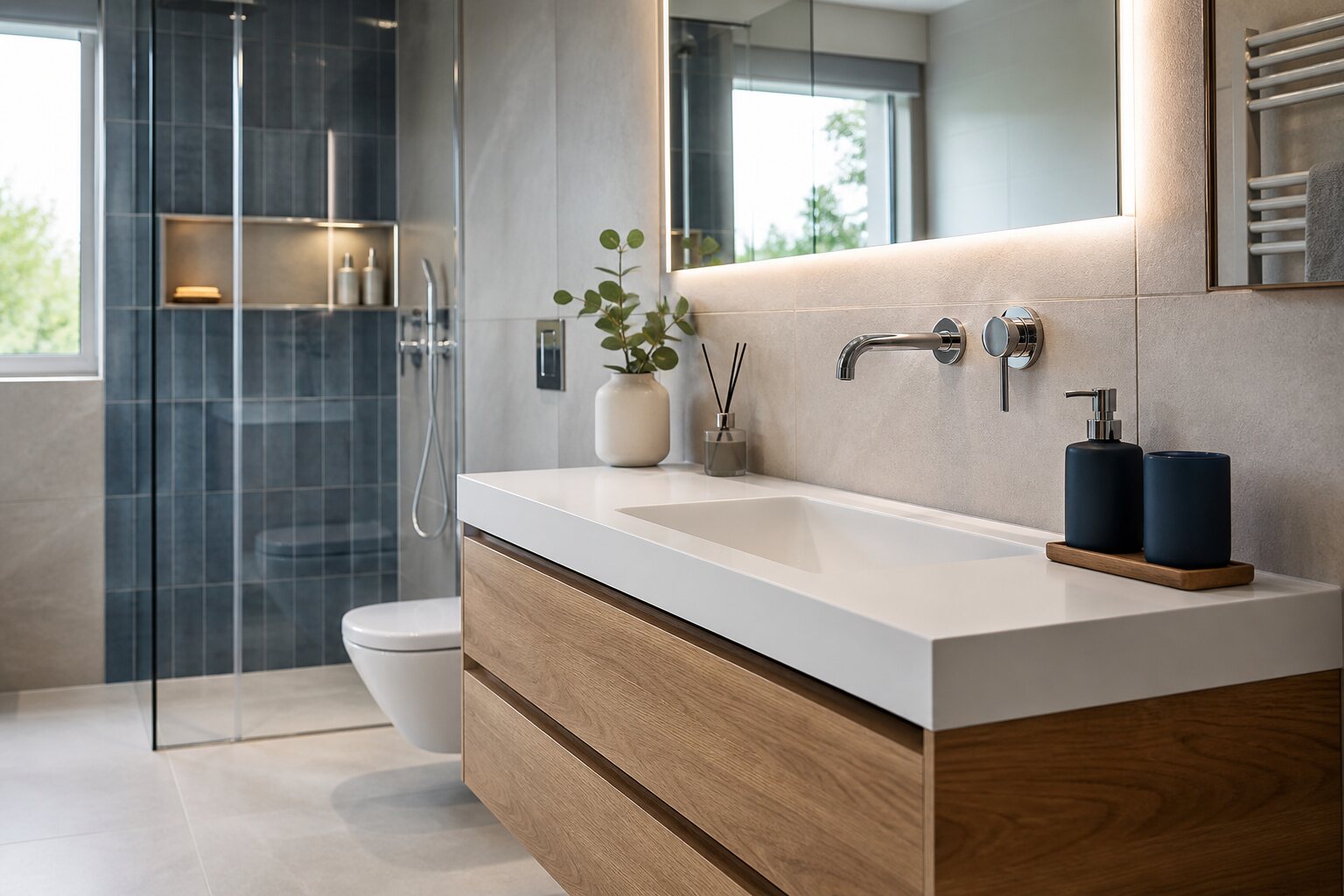Modernes Badezimmer mit Waschtisch, Dusche und Fliesenarbeiten