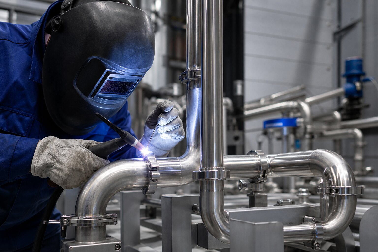 Schweißarbeiten an Edelstahlrohrleitungen in einer Industrieanlage